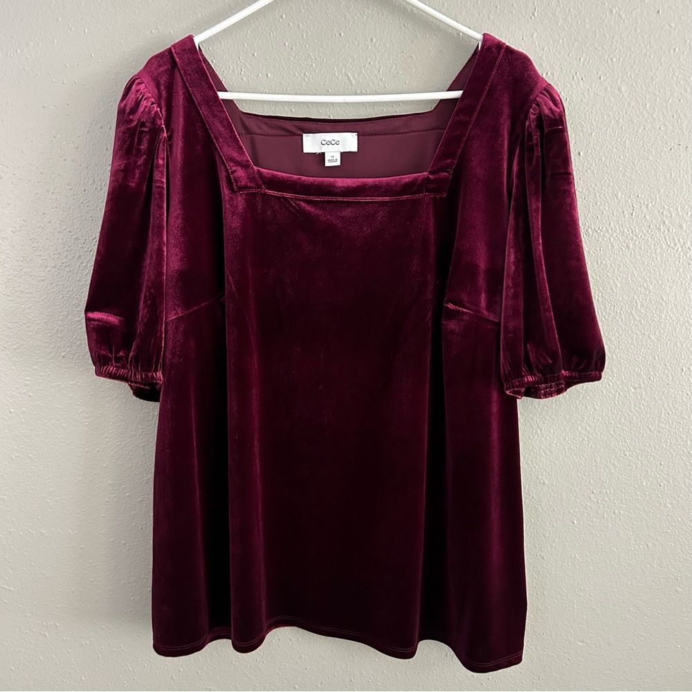 CECE Top Womens 2X Burgundy Wine Velvet Whimsigoth Square Neck Puff Sleeve NWT